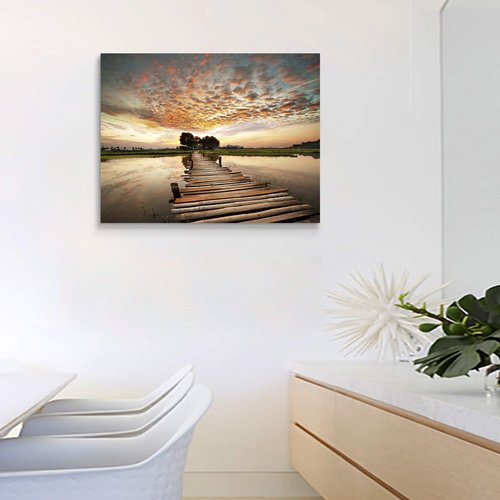 Landscape Artworks Pictures Wall Art: Stairway to Heaven’s Sunset Stunning Lake Bridge Print on Canvas for Living Room (18” x 24” x 1 Panel)