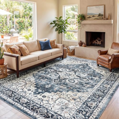 8x10 Vintage Washable Area Rug - Non-Slip Blue Rug for Living Room