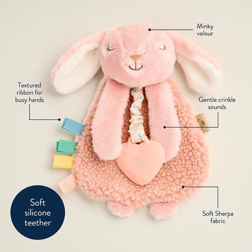 Itzy Ritzy - Itzy Lovey Baby Blanket with Teether - Soft Pink Bunny with Crinkle Sound & Textured Ribbons