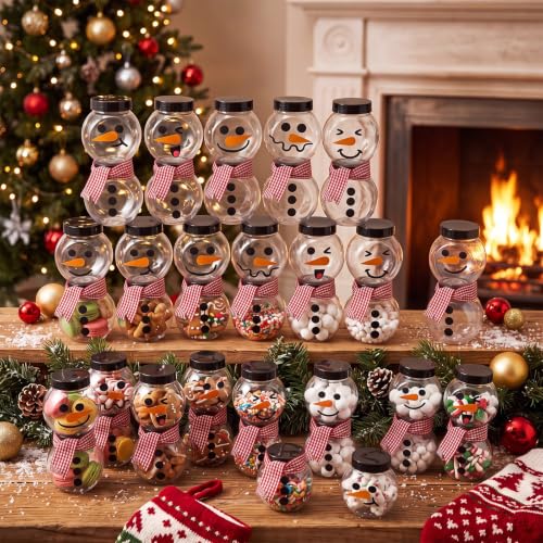 Jingmore 100 Pcs Christmas Snowman Candy Jars with Lids and 10m Red White Gingham Ribbon - Red/White