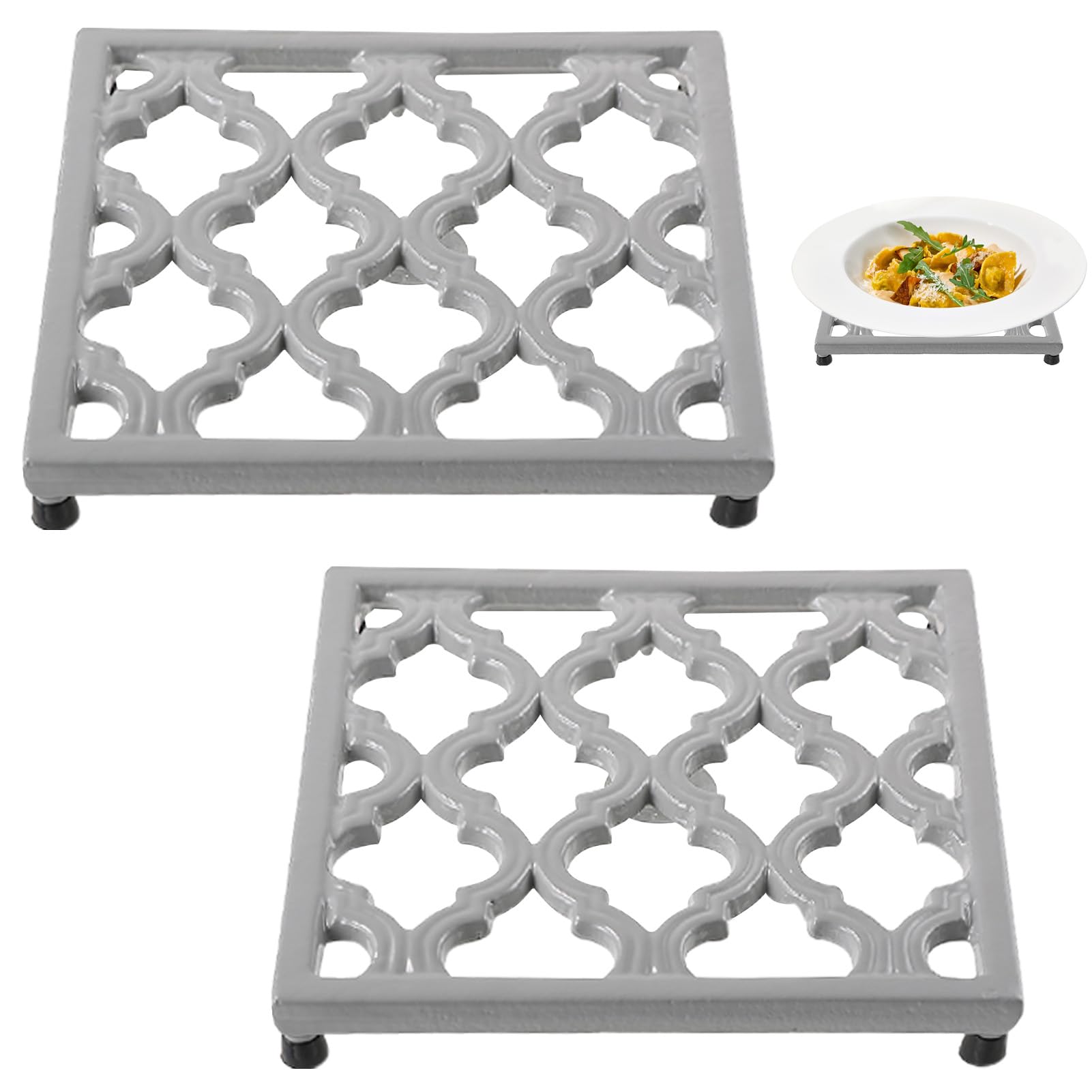 JOGREFUL 2 Pack Cast Iron Trivet Mats, Kitchen Pot Holders to Portect Table/Countertops, Heat Resistant Mats for Teapot/Hot Dishers/Plates, Vintage Mats with Weighted-Base, Gray