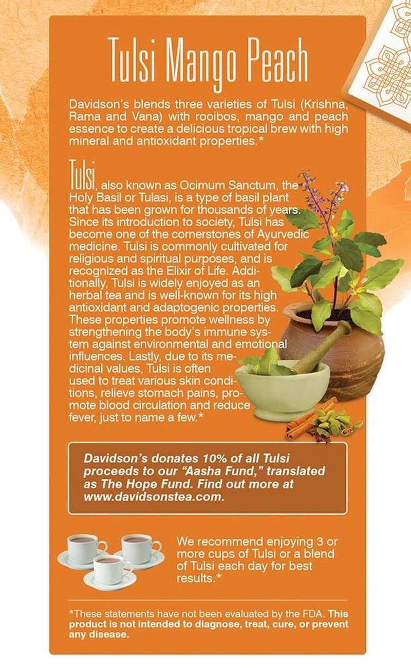 Davidson's Organics, Tulsi Mango Peach, 25-count Tea Bags, Pack of 6