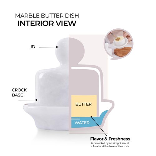 Marble Mini Butter Dish with Lid 4 Inch White French Butter Crock Soft Butter Spreader, Butter Keeper for Kitchen Décor and Storage