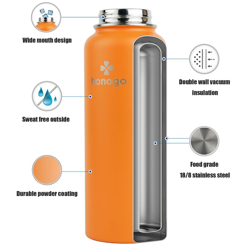honogo 40 oz Double Wall Insulated Metal Water Bottle for Men, Women & Kids, 18/8 Stainless Steel Wide Mouth Thermal Flask with Straw Lid & Spout Lid, Leak Proof, Keep Hot and Cold (Orange, 40 oz)