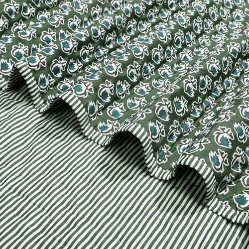 Reversible Cotton Block Print Throw Blanket - 60 x 90 Inches, Basil Green