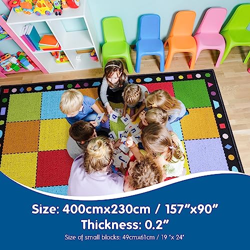 7'6" x 13' Classroom Rug, Non-Slip Preschool Carpet with Rainbow Squares