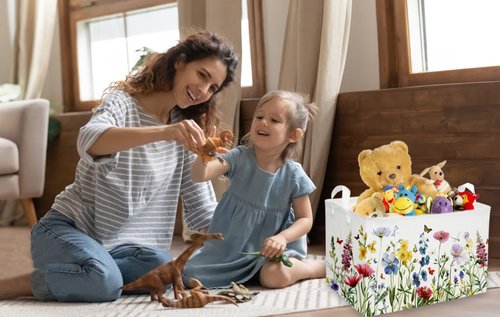 Sanjiaofen Rectangular Kids Baskets,Flower Basket.Cute Bins for Girls, Butterfly Basket with Handles.Books Basket,Gifts Bin. (Flower cluster)