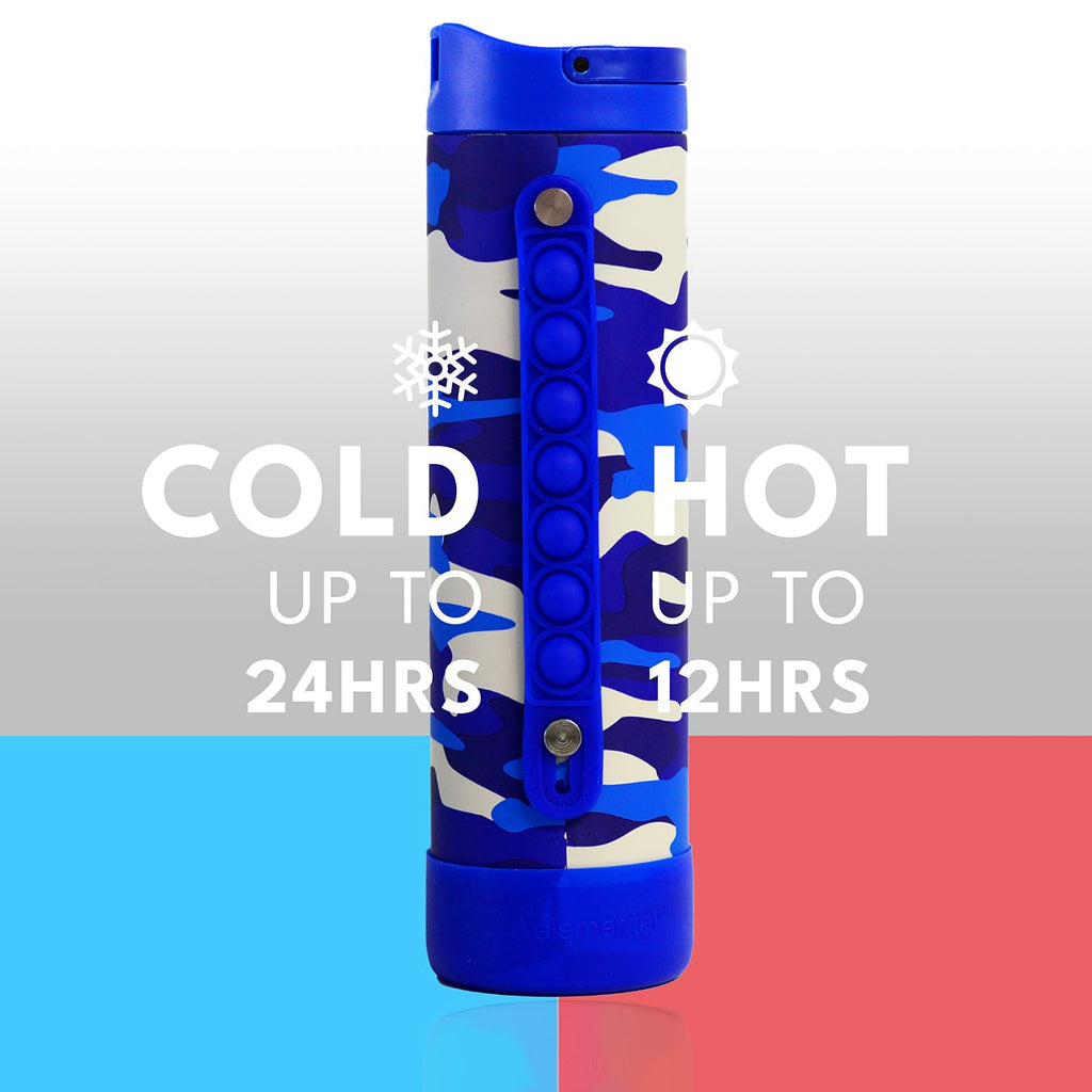 Elemental Iconic Kids Water Bottle with Straw Lid & Stress Reliever Pop It Handle, Leak-Proof When Closed, Triple Insulated Stainless Steel Reusable Thermos Water Bottle, 20oz - Blue Camo