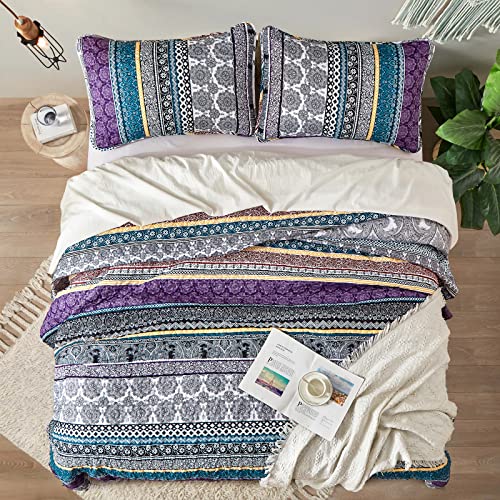 Boho Quilt Set Queen Size - 3 Piece Purple Floral Bedding