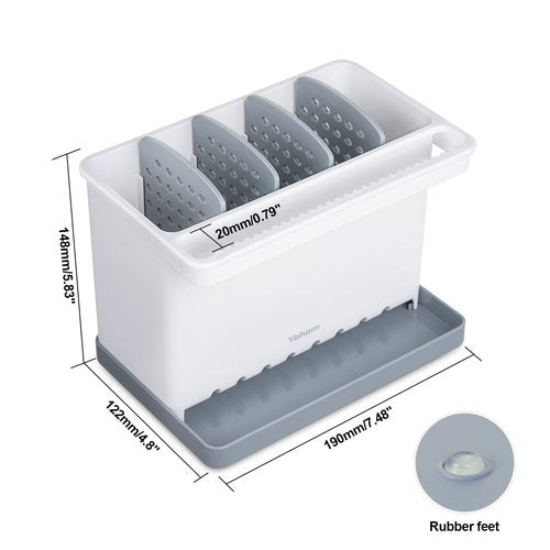 YOHOM Sink Brush Holder for Kitchen Sink Sponge Caddy Countertop Organizer Plastic Dish Scrubber Holder with Dividers