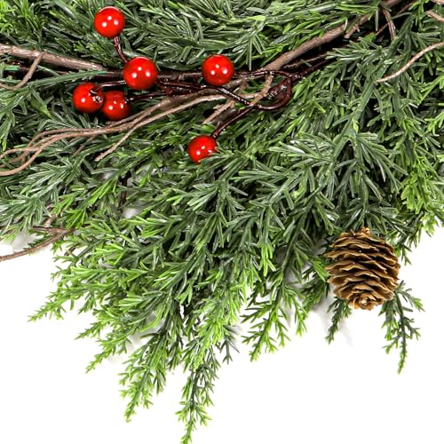 ENVEN 6FT Lush Cedar Christmas Garland with Red Berries & Pine Cones – Indoor/Outdoor Faux Greenery