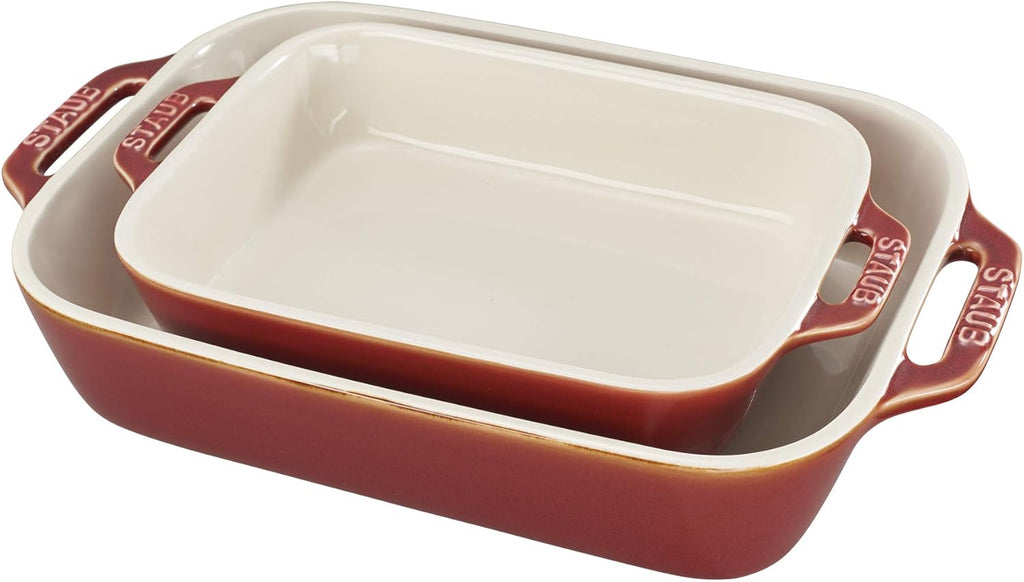 STAUB Ceramic Baking Dish Set - 2-Piece Rectangular Cookware in Vibrant Red