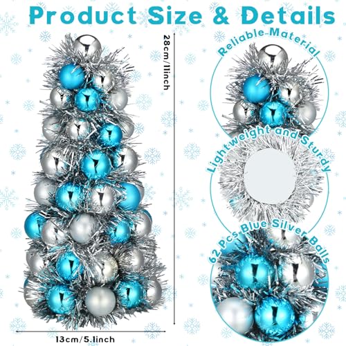 Cinnvoice 11-Inch Teal Blue Tabletop Christmas Tree with 62-Piece Silver & Blue Ornaments
