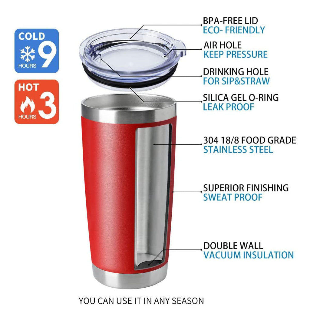 HASLE OUTFITTERS 20oz Tumblers Stainless Steel Mugs with Lid Double Wall Vacuum Insulated Coffee Cups for Cold & Hot Drinks (20oz-Red, 8 Pack)