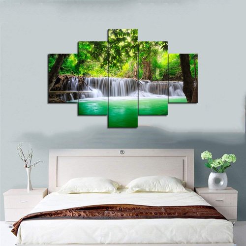 5 Panels Large Waterfall Canvas Painting Beautiful Green Forest Wall Art Stream Water Scenery Picture Nature Poster Print Wooden Artwork Home Decor for Living Room Bedroom Office Framed (60''Wx40''H)