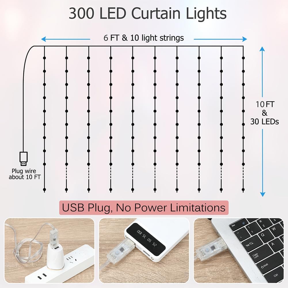 Skiennix Curtain Lights - 300 LED Twinkle Fairy String Lights with Remote & Timer, 10ft x 10ft, IP65 Waterproof for Indoor/Outdoor Decor - Warm White