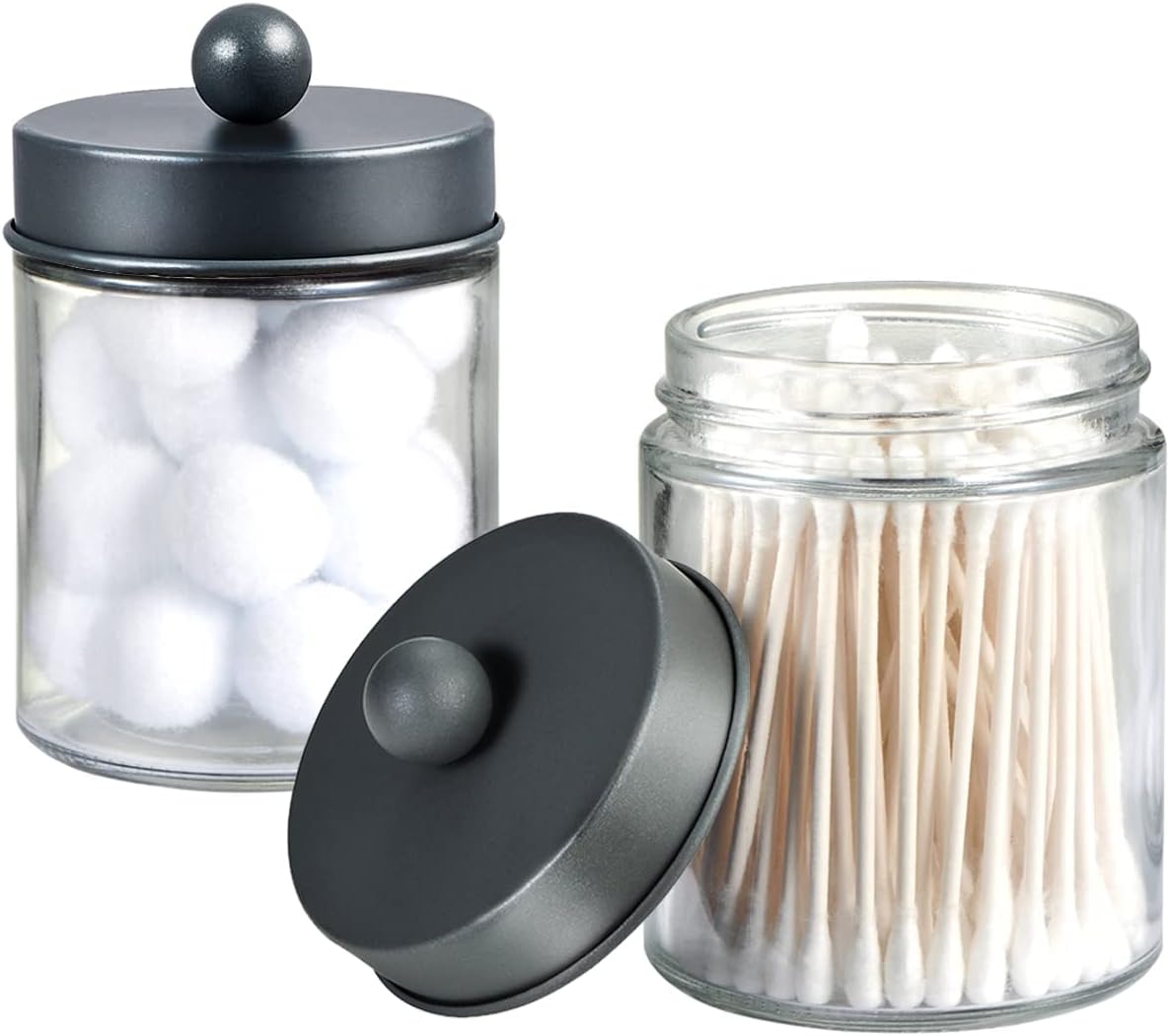 Amolliar Apothecary Jars - Stylish Bathroom Storage Organizer | Glass Canister Set with Lid for Q-Tips, Cotton Swabs & Makeup Accessories - Grey (2 Pack)