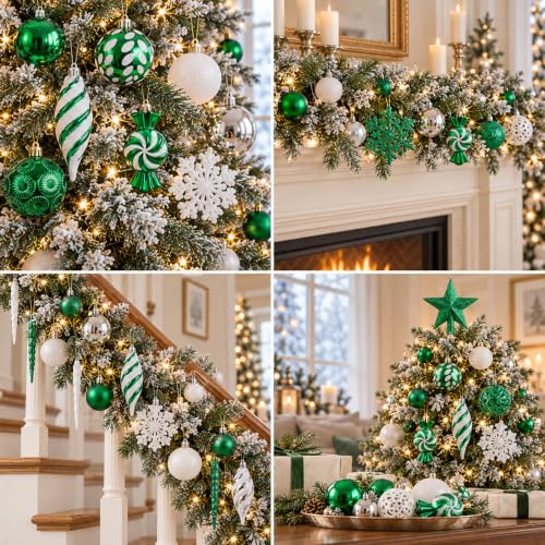 130 Pcs Green, Silver & White Christmas Ball Ornaments Set - Shatterproof with 130-pc Variety (Green / 130 Pcs)