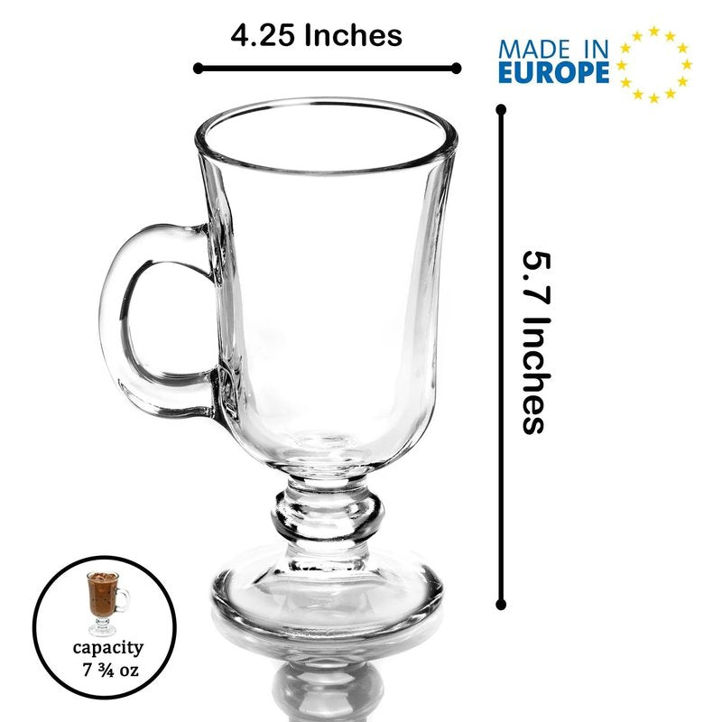 Volarium Irish Coffee Glass Mugs, Latte Cups, Set of 2 Cappuccino and Hot Chocolate Mugs with Handle, Clear Glass Cups for Hot Beverages, 7 3/4 oz