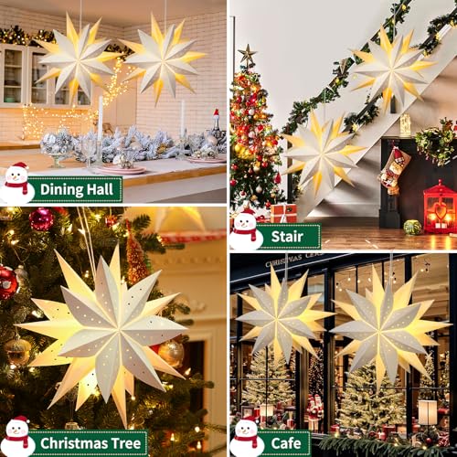 Lewondr C-White Christmas Paper Star Lantern 2PCS with Remote, 8 Lighting Modes & Dimming