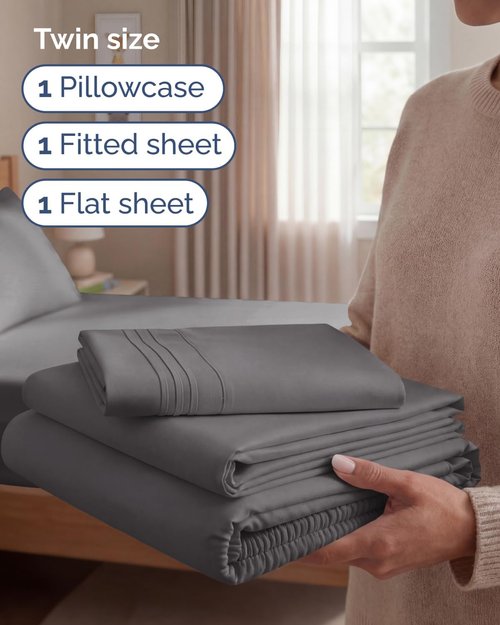 Comfy Twin Size 3-Piece Sheet Set by [Brand Name] - Breathable, Cooling & Ultra-Soft Bedding - Deep Pockets, Wrinkle-Free, Dark Grey