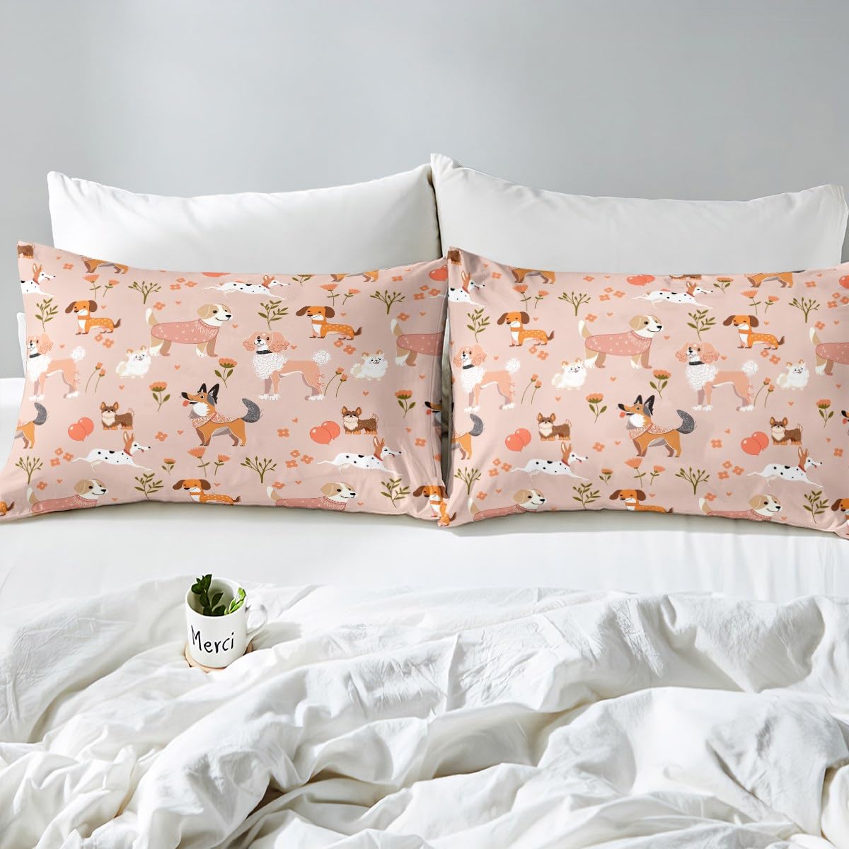 Romantic Dogs Duvet Cover Set King Size,Kawaii Cute Cartoon Pet Puppy Comforter Cover with 2 Pillowcases,Pink Flowers Plant Animal Modern Bedding Set for Adult Young Bedroom Xmas Gift