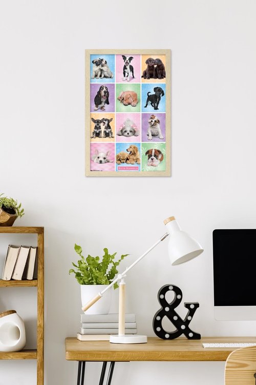 Keith Kimberlin - Puppies - Cuties Grid Wall Poster, 22.4L" x 14.7W", Blonde Framed Version