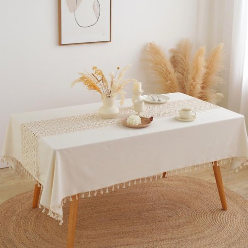 AMZALI Tablecloths for Rectangle Tables, Washable Crochet Lace Cotton Linen Table Cloth Dust-Proof Table Cover with Tassles for Kitchen Dining Room, Party, 55 x 86 Inch, Beige