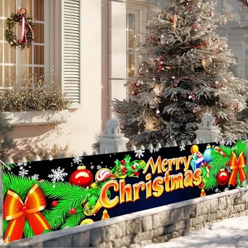 Merry Christmas Banner 78x17 in Pine Bough Bow Balls Candy - BlissYard #005