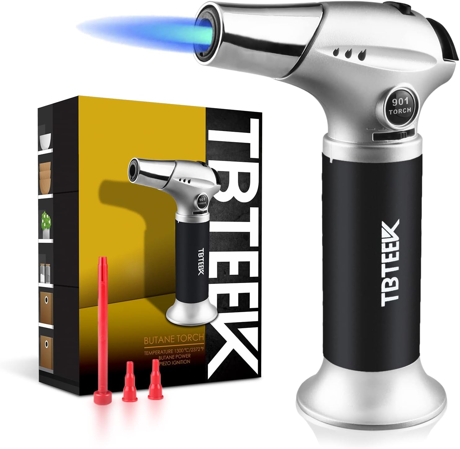 TBTEEK Cooking Torch Lighter - Adjustable Flame & Safety Lock for BBQ, Searing Steak, Creme Brulee | Ideal for Campfires