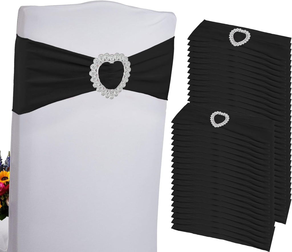 Skiennix Spandex Stretch Black Chair Sashes - Universal Elastic Covers with Buckle Slider for Events