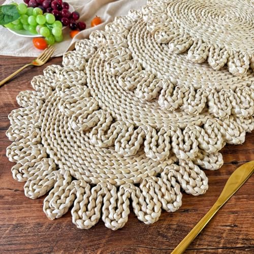 IcosaMro Boho Woven Placemats Set of 6 - 13.8 Inch Natural Table Mats, Style B
