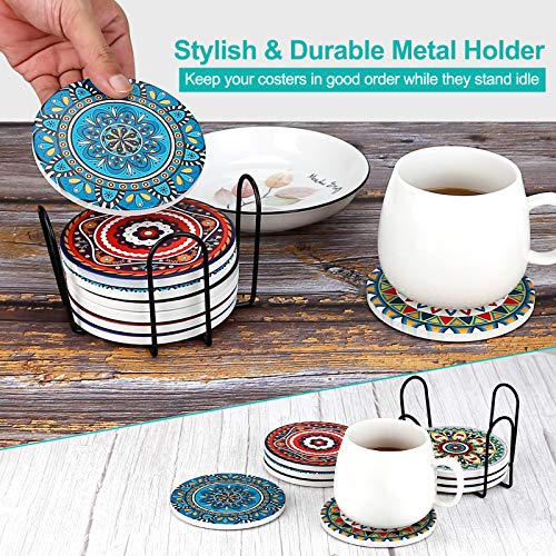 AODINI Mandala Drink Coasters Set of 8 with Cork Base - Absorbent Ceramic Table Decor