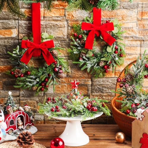 Dingion 4-Pack Mini Christmas Kitchen Cabinet Wreaths with Pine Berries Snowy Decor