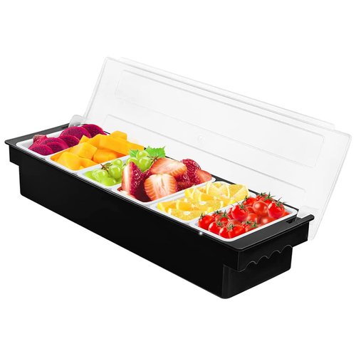 FEOOWV Fruit Veggie Condiment Caddy with Lid, 6 Compartment Plastic Dispenser Tray for Catering Dips Toppings, Serving Taco, Ice Cream, Fruit, & Salad Bar,Garnish Organizer for Restaurant Supplies
