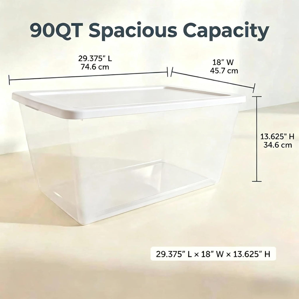 Skiennix 90QT Transparent Storage Boxes - Durable Plastic Containers with Snap-On Lids | 2-Pack, 29" L x 18" W x 13" H