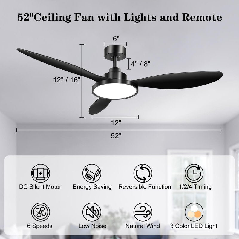 Ohniyou 52 Inch Black Ceiling Fan with Light and Remote Control, Outdoor Ceiling Fan for Patios, Modern Ceiling Fans with Quiet DC Motor, Reversible, 3CCT, 3 Blade Ceiling Fans for Living Room Bedroom