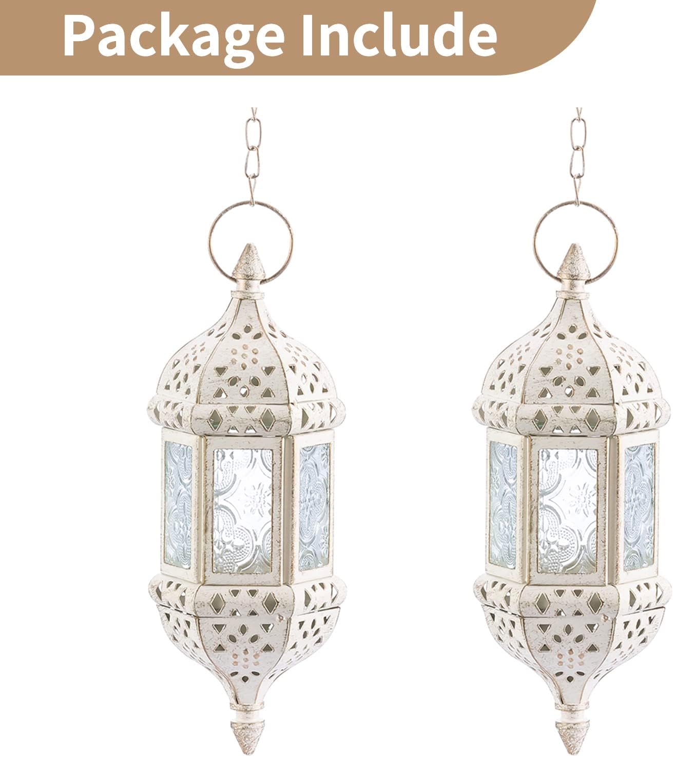 Skiennix Moroccan Lantern | Metalwork Hanging Tealight Candle Holder | Battery Operated LED | 35cm Chain, White