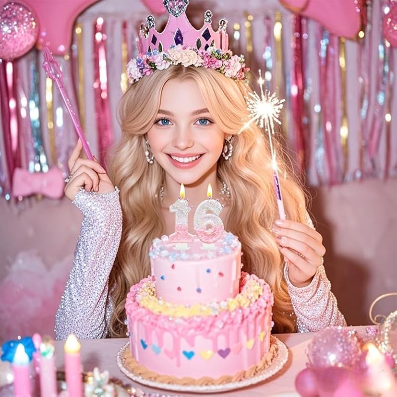 Pink Birthday Number 4 Candle with Crown - Princess Party Cake Topper