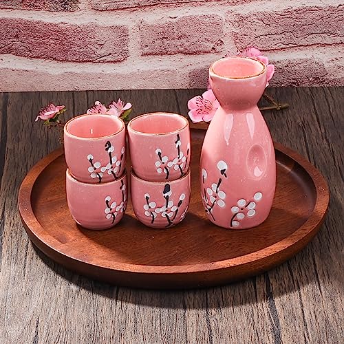 Pink Snow Plum Blossom Ceramic Sake Set of 5 with 4 Cups - Whitenesser