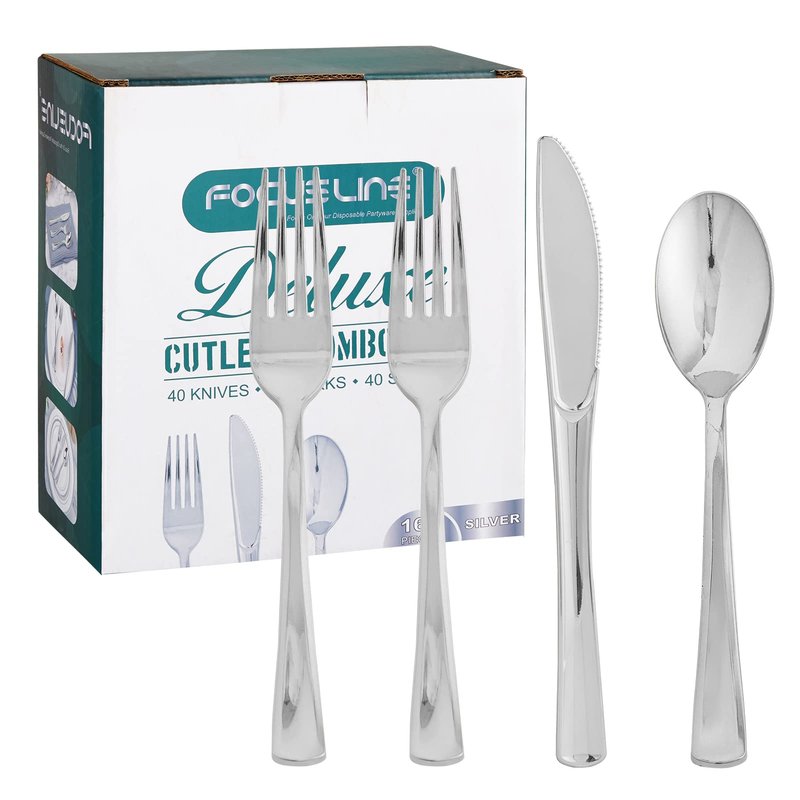 FOCUSLINE 160 Pack Silver Plastic Silverware Set, Plastic Flatware Set- 80 Silver Forks, 40 Knives, 40 Spoons, Heavy Duty Disposable Cutlery for Weddings, Parties, Dinners