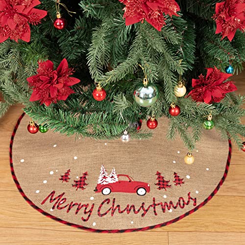 N&T NIETING Red Truck Burlap Christmas Tree Skirt 30 Inch – Rustic Letter Print