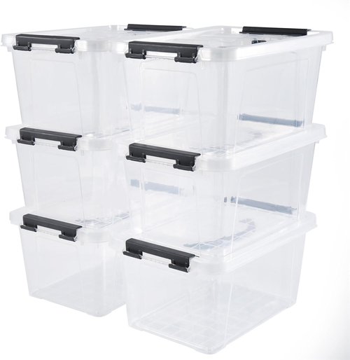 Eslite 6 Quart Stackable Storage Bins - Clear Latching Boxes with Handle & Lid | Pack of 6 (Black Handle)