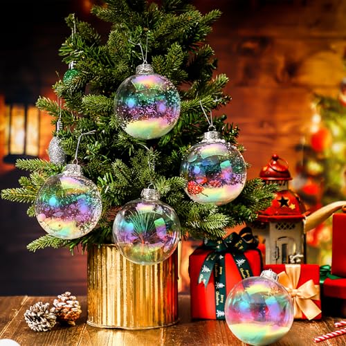 12-Pack Clear Fillable Iridescent Ornaments - 4" Shatterproof Tree Balls