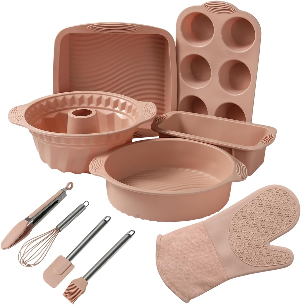 Skiennix 10-in-1 Nonstick Silicone Baking Set - BPA Free Heat Resistant Molds for Muffins, Loaves, and More (Pink)
