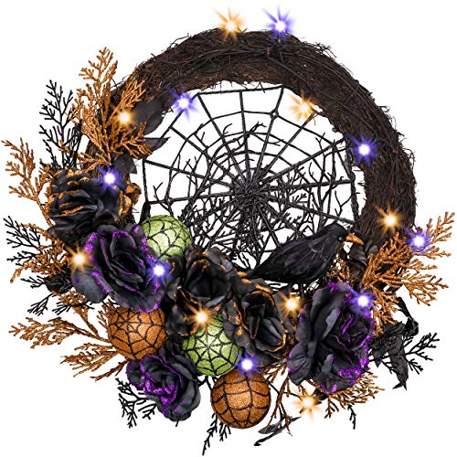 24-Inch Pre-Lit Halloween Wreath with LED Lights and Timer for Front Door