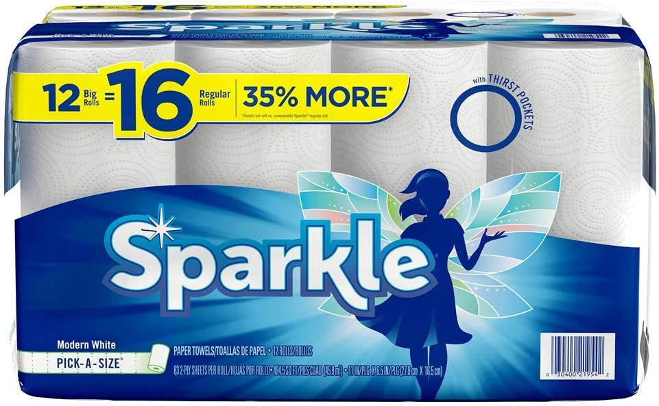Sparkle Paper Towels - 12 Regular Rolls (16 Pick-a-Size) | Modern White for Easy Cleaning