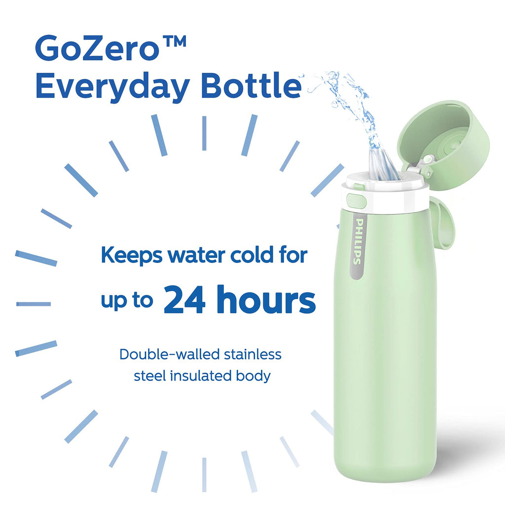 PHILIPS Water Bottle with Filter, Filter Water Bottle Stainless Steel with GoZero Everyday BPA-Free Tap Water Filter, Water Filter Bottle Keep Drink Cold 24 Hours, 3 Filters for 120 gal / 6 Months
