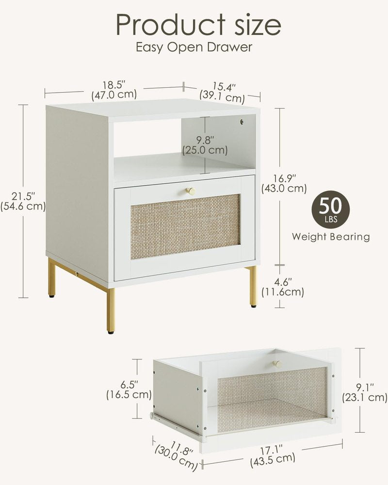 Apetaccat Extra Large Nightstand Rattan Night Stand, Modern Side Table Boho Farmhouse Wood Bedside Table with Storage Drawer and Open Shelf,Large End Table for Bedroom,Living Room,Office(White)