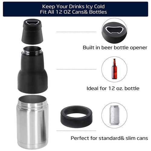 Can Cooler,Cold Insulation Can with Silicone Non Slip Bottom, Thermal Insulation Bottle with Built In Beer Bottle Opener (Steel Color)